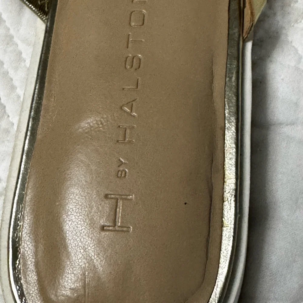 Halston Heritage Cora Gold Sandals Size 6.5 Metallic Strappy Glam